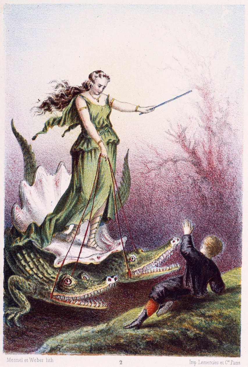 Um rapaz em frente de uma mulher montada num tanque conduzido por 2 crocodilos - in "Viagem ao fundo do mar" de H. de la Blanchère. Paris, ed. Jouvet et Cie, sd. 1880. de French School