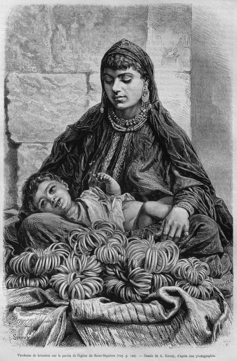 Um vendedor de pulseiras perto da Igreja do Santo Sepulcro, da Síria hoje. Viajar para a Fenícia, o Líbano e a Judéia. 1875-1880 de Louis Charles Emile Lortet, 1884 (gravura do bw) de French School