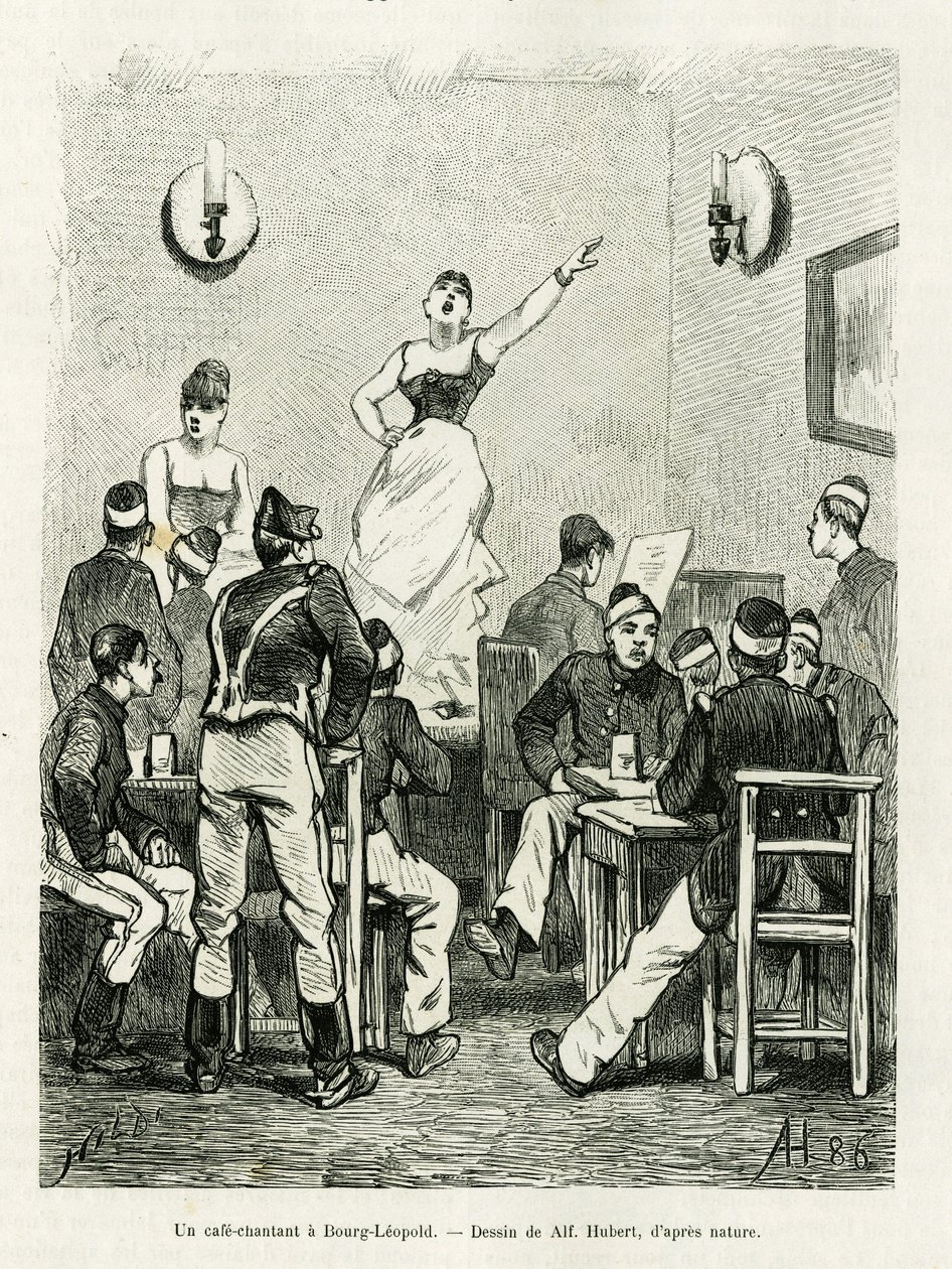 Um café cantando em Bourg Leopold. Gravura de A. Hubert para ilustrar a história La Belgique, de Camille Lemonnier, em le tour du monde 1886, dirigida por Edouard Charton (1807-1890), Hachette, Paris. de French School