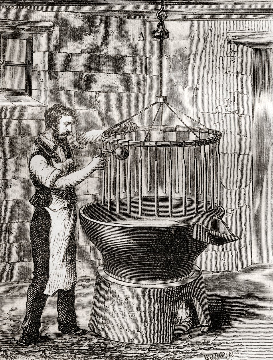 Um vendedor de velas no século XIX, de "Les Merveilles de la Science", publicado por volta de 1870 (gravura) de French School