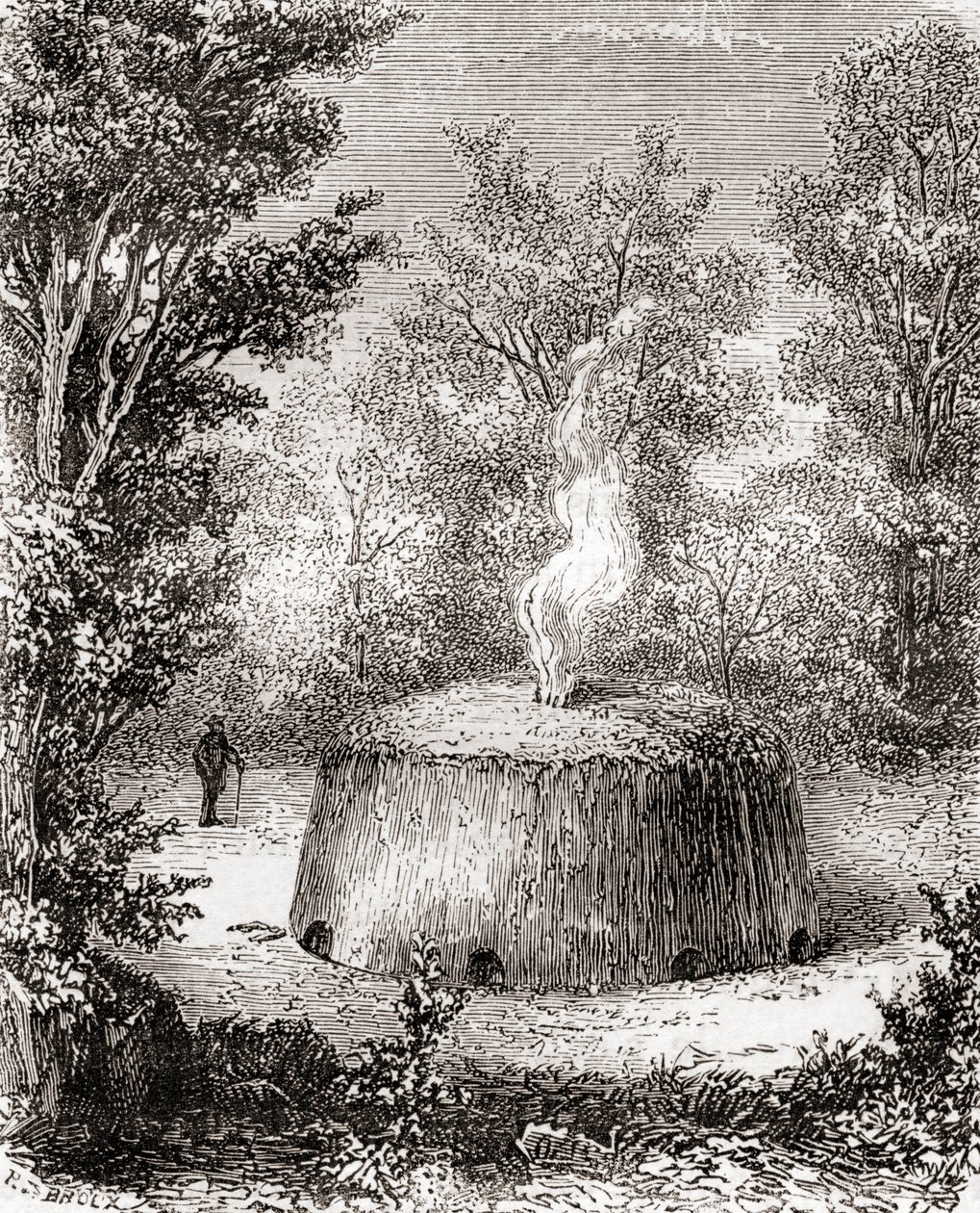 Um forno de carvão na floresta, depois de um desenho do século XIX, de Les Merveilles de la Science, publicado c.1870 (gravura) de French School
