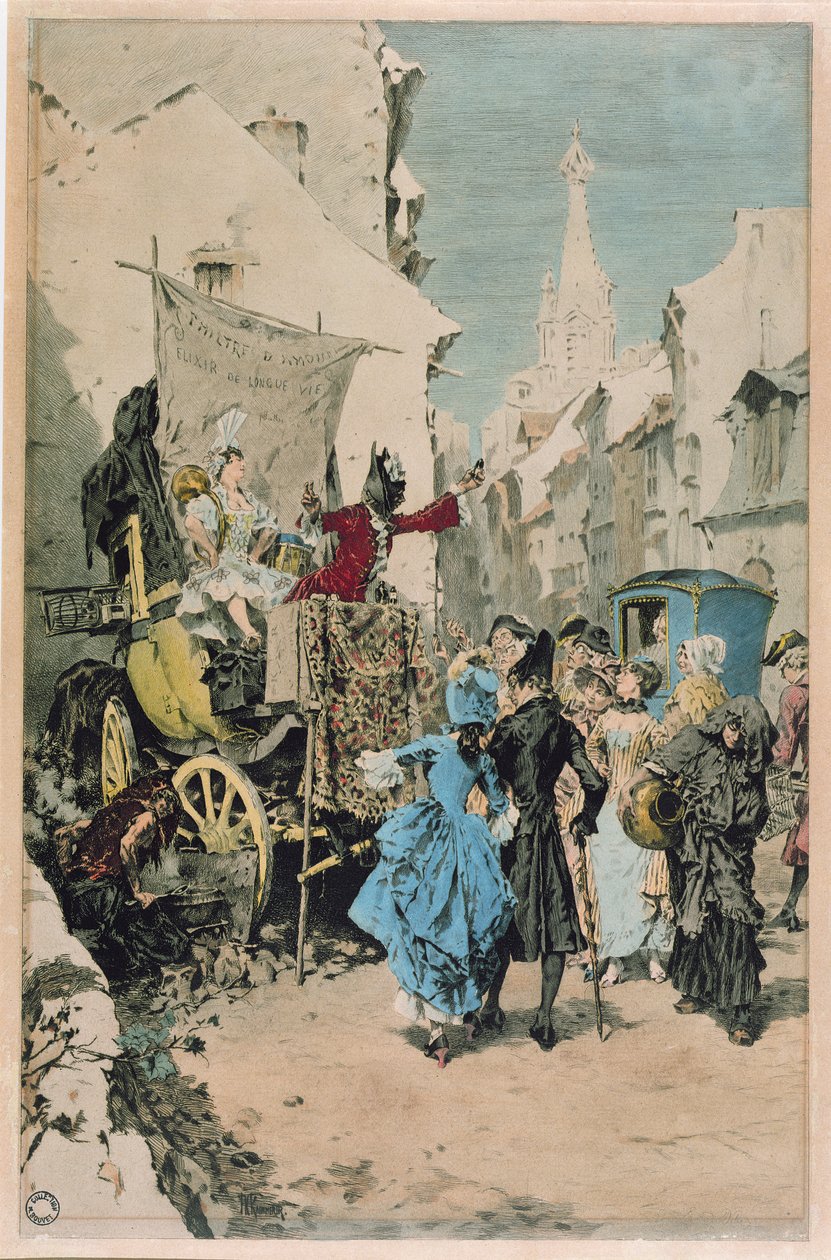 Um charlatão vendendo um elixir da juventude, do século 18 ao 19 de French School