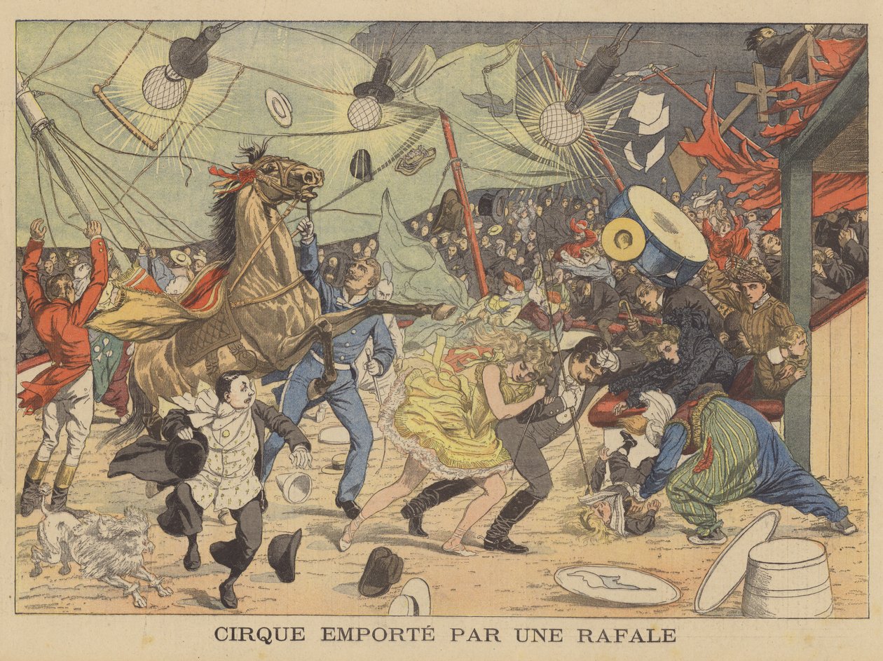 Uma tenda de circo levada por uma rajada de vento (litografia a cores) de French School