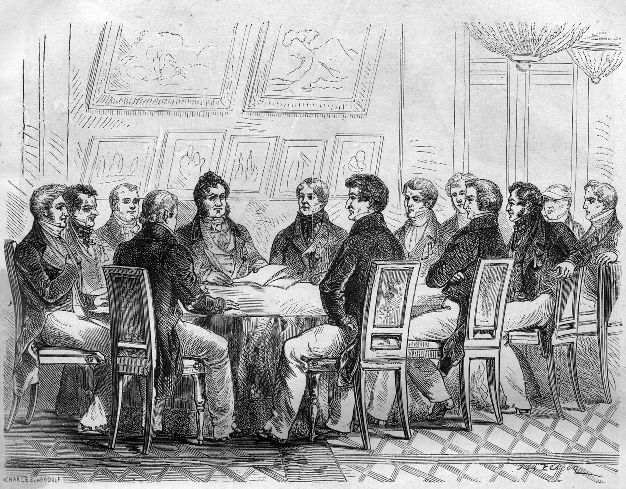 Um conciliável de delegados da burguesia no Palais Royal em Paris, sob Charles X e a Restauração. Gravura no "Histoire des Papes-Rois-Queen and Empereurs a travessa les centuries" de Maurice Lachatre de French School