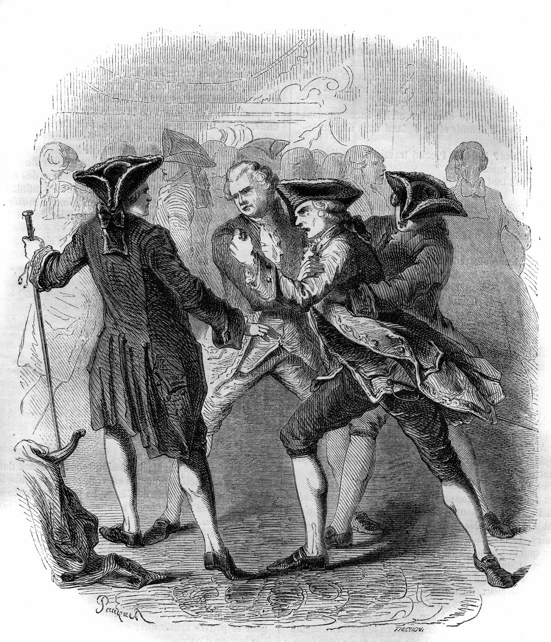 Um confronto entre "Gluckistes" e "Piccinistes", ilustrando a rivalidade entre os compositores Christoph Willibald Gluck e Niccolo Vito Piccinni. Gravura de 1856. de French School