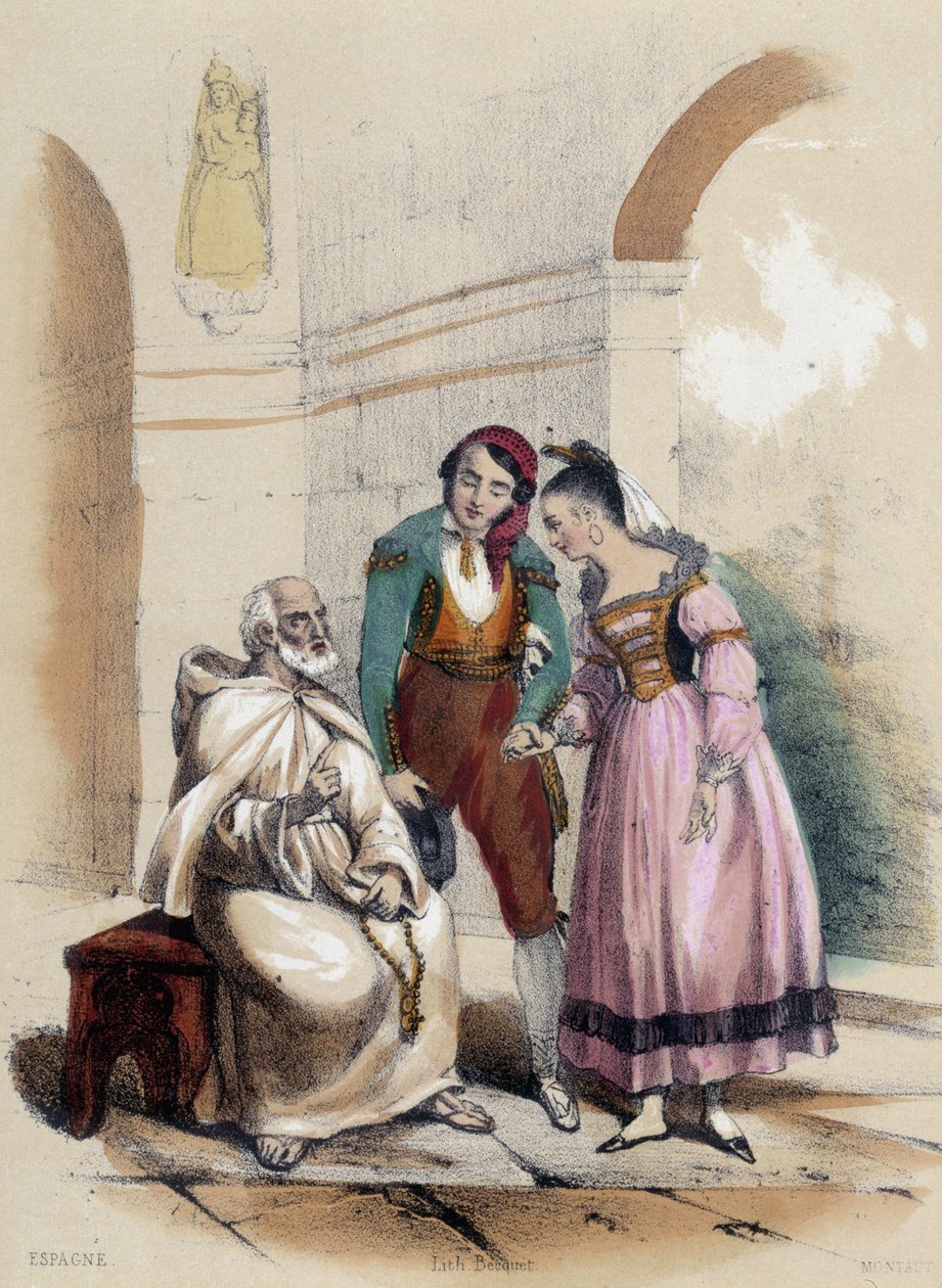 Um casal a casar-se na igreja; ilustração para Espanha, - em "As doze Nações" de M.E. Fouinet de French School