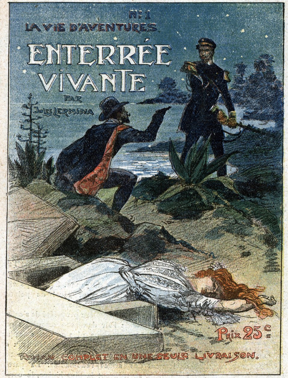 Uma arma criminosa com uma arma ameaça um homem da lei que o apanhou enquanto se atrevia a enterrar o corpo de uma mulher. Ilustração de "Living Burial" de Jules Lermina (1839-1913). Um dos jornais da "Vida de Aventuras". Gravura no "Journal des Voyages" d de French School