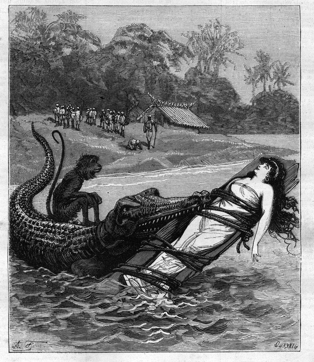 Um crocodilo agarra uma tábua de madeira à qual está presa uma mulher. Ilustração de "Viagem ao redor do mundo do marinheiro Biribi" de Theodore Labourieu e Saint Vrin (Saint-Vrin). Gravura de 1880 em "La republique illustree" coleção particular. de French School