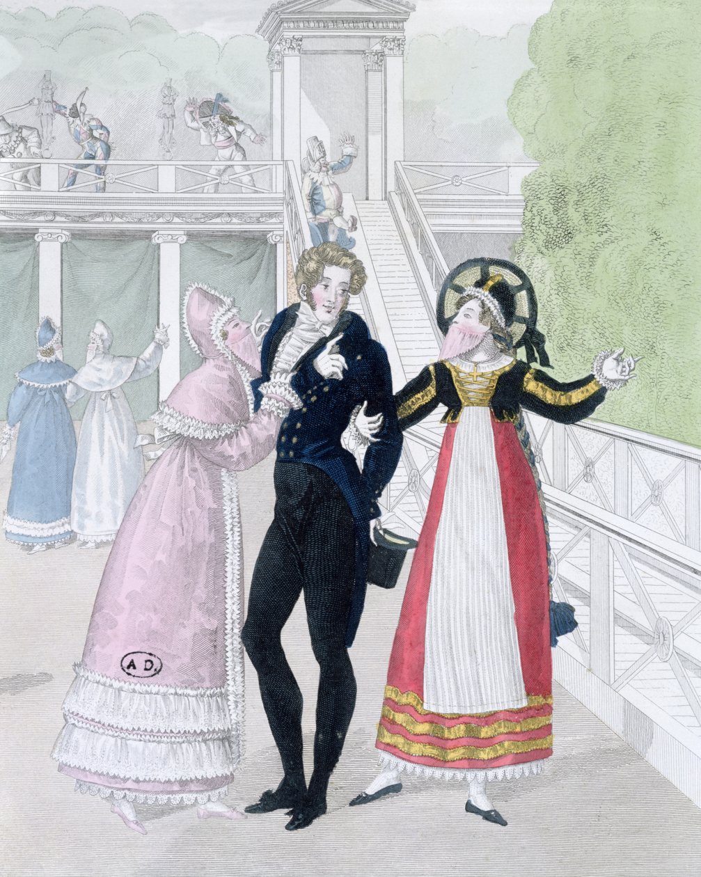 Um dandy sendo cortejado por duas mulheres mascaradas, da série Le Bon Genre (gravura colorida à mão) de French School