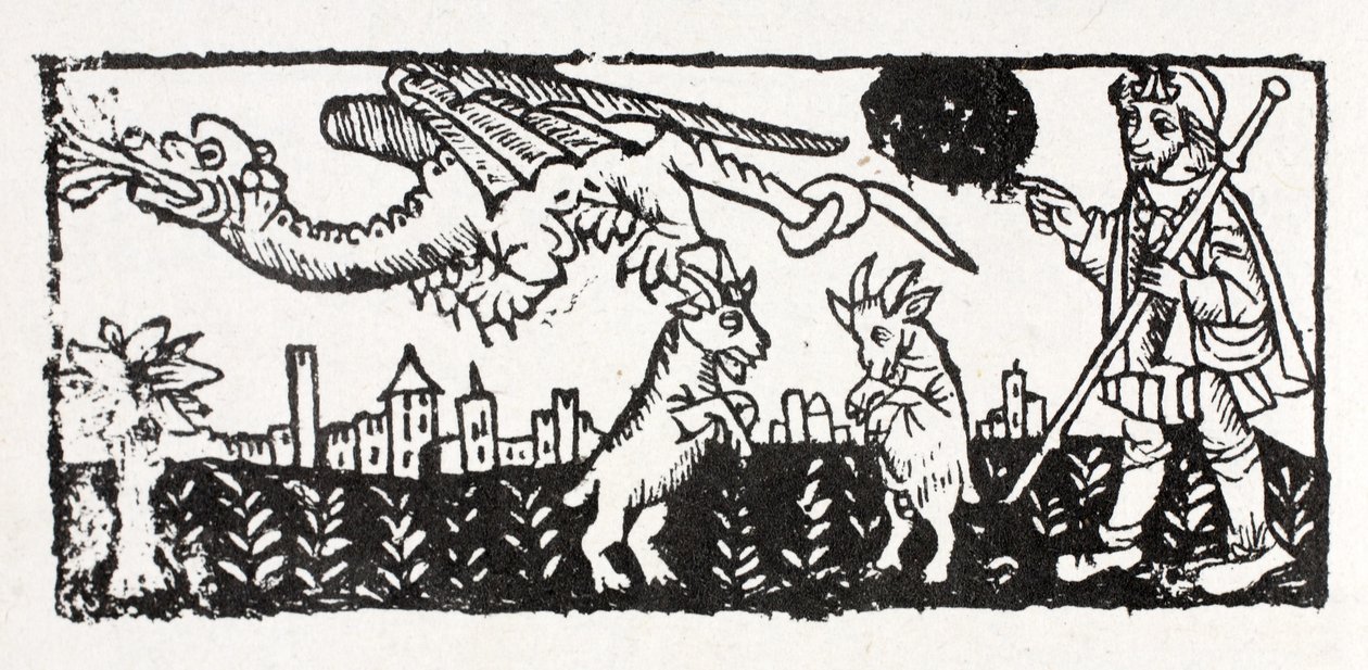 Um dragão, cabras em chamas saltando no ar, Le Chemin de St James de French School