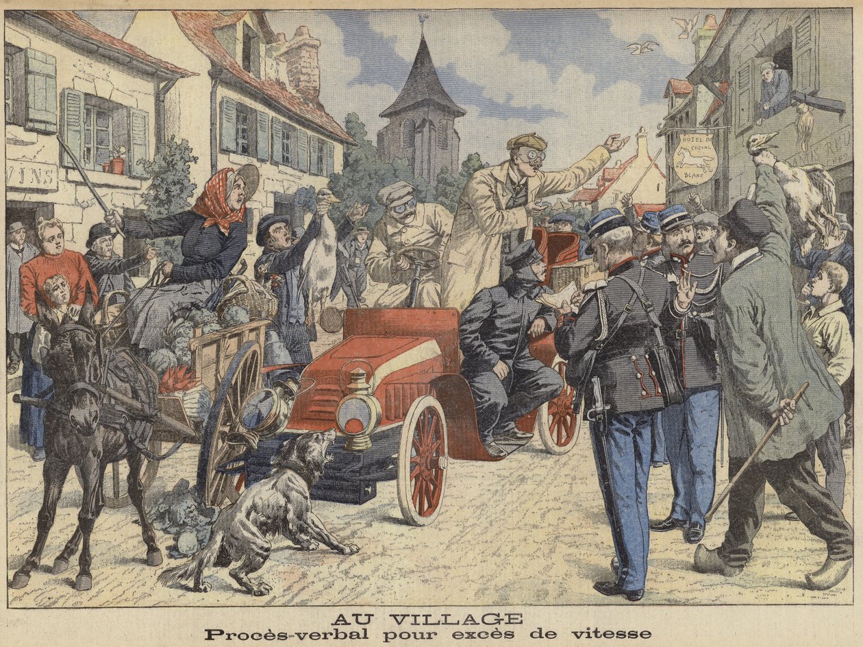 Condutor intercetado pela polícia por excesso de velocidade ao atravessar uma aldeia (gravura a cores) de French School
