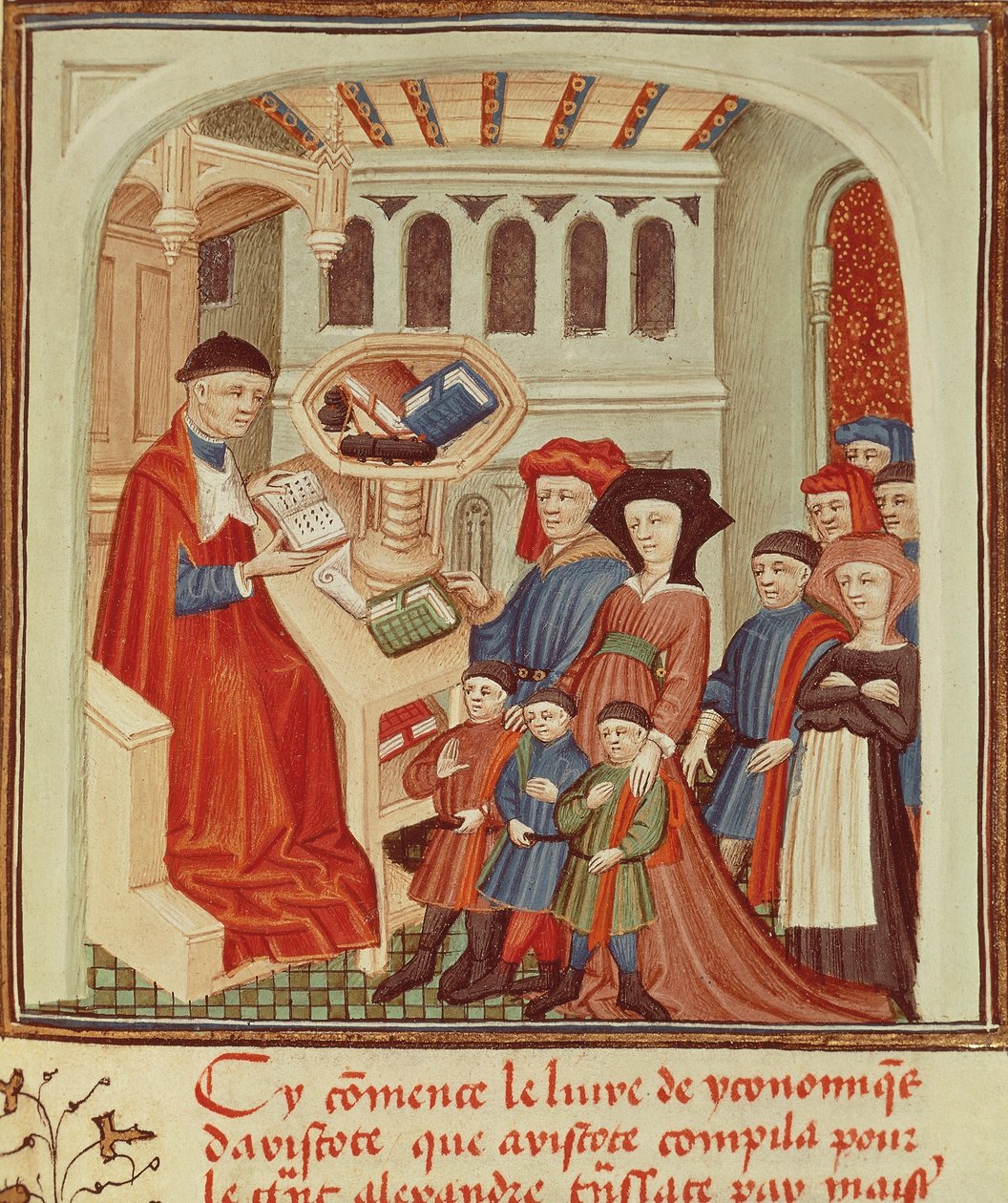 Uma família diante de um financiador, miniatura de Ética, Política, a Economia de Aristóteles, França de French School