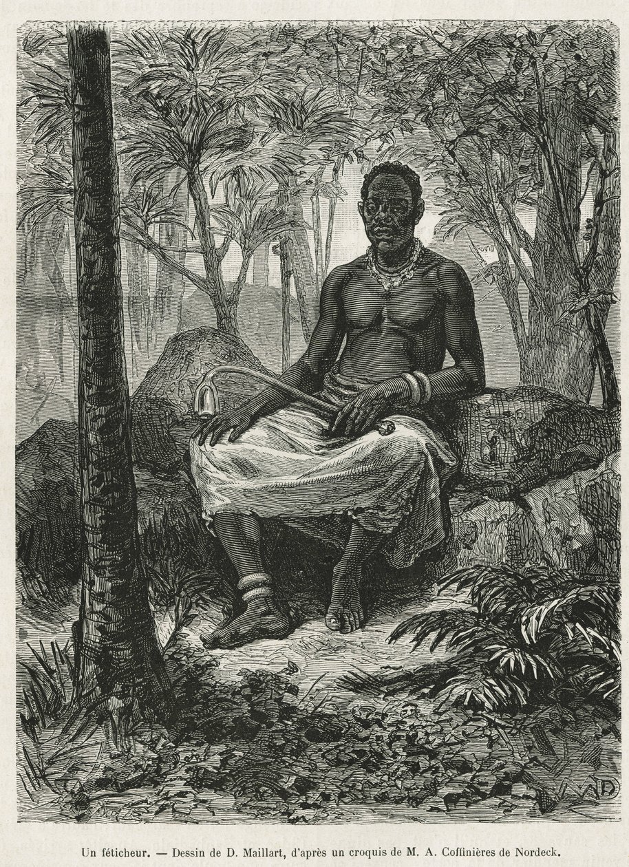 Um feticheur, feiticeiro capaz de utilizar a força mágica das fetiches, desenho de D. Maillart, para ilustrar a história de uma viagem ao Gabão e ao rio Ogoue, em 1875-1877, por Alfred Marche. Gravura em Le tour du monde de French School