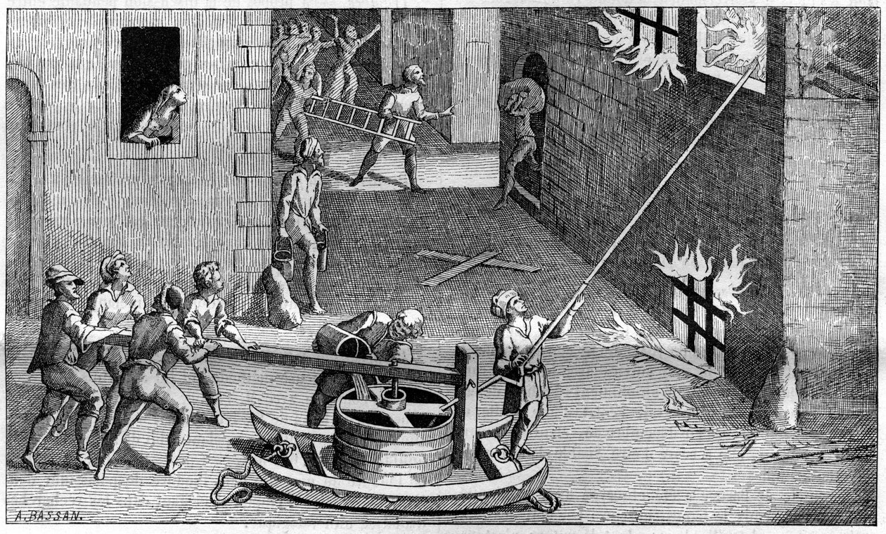 Uma bomba de incêndio no início do século XVII, depois de Salomão de Caux (Salomão de Causa) de French School