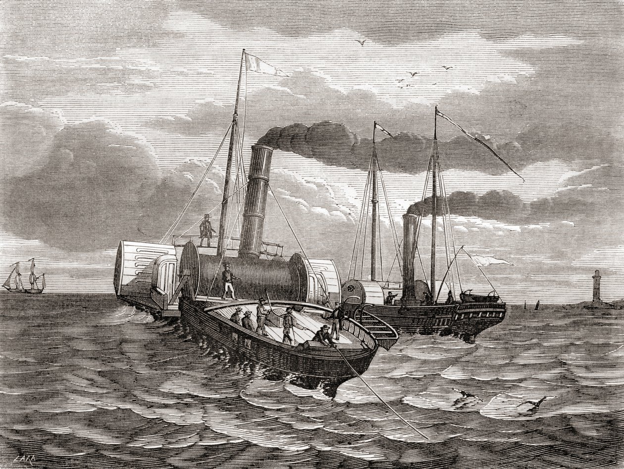 Uma primeira tentativa, em 1850, da Companhia Telegráfica Anglo-Francesa de John Watkins Brett de estabelecer a primeira linha sob o Canal da Mancha, de Dover a Calais, utilizando os rebocadores convertidos Goliath e Widgeon, de Les Merveilles de la Scienc de French School