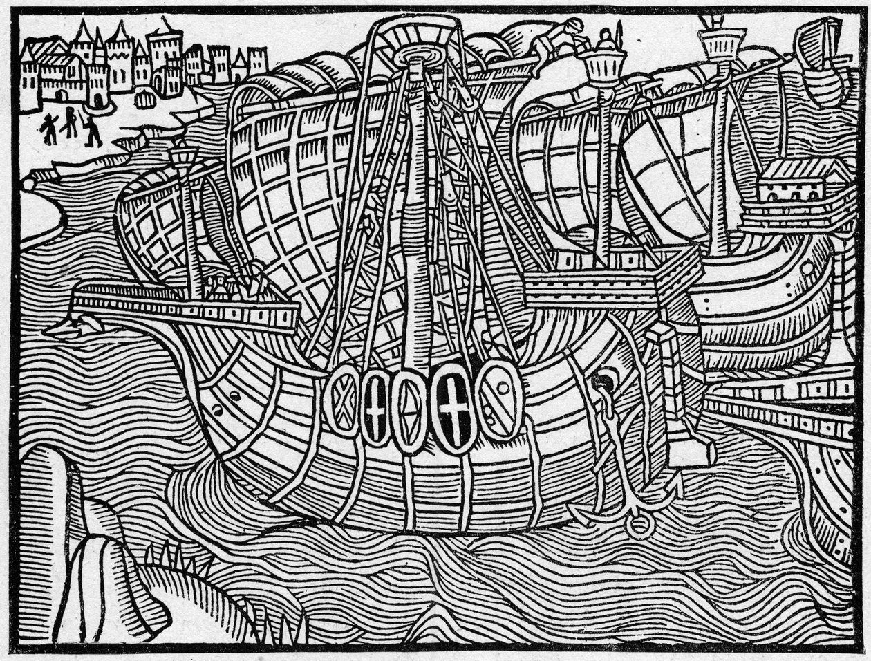 Uma frota no século XV, após uma gravura de "Vergier Dõhonneur". Gravura em "La Marine et les colonies: comércio". de French School