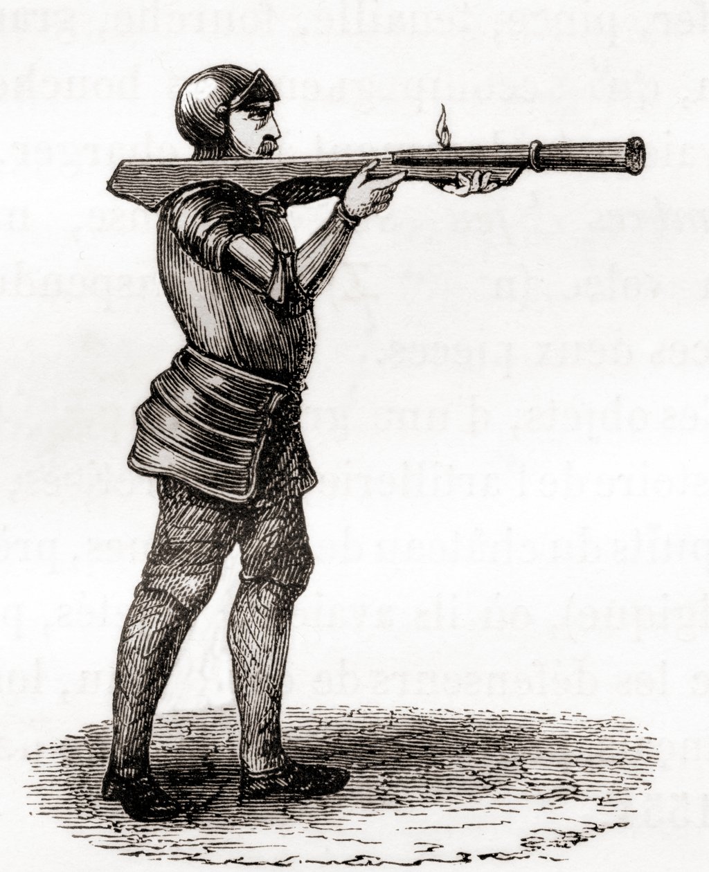 Um soldado raso usando uma bomba manual, no final dos séculos XIV e XV, após um desenho do século XIX, de Les Merveilles de la Science, publicado c.1870 (gravura) de French School