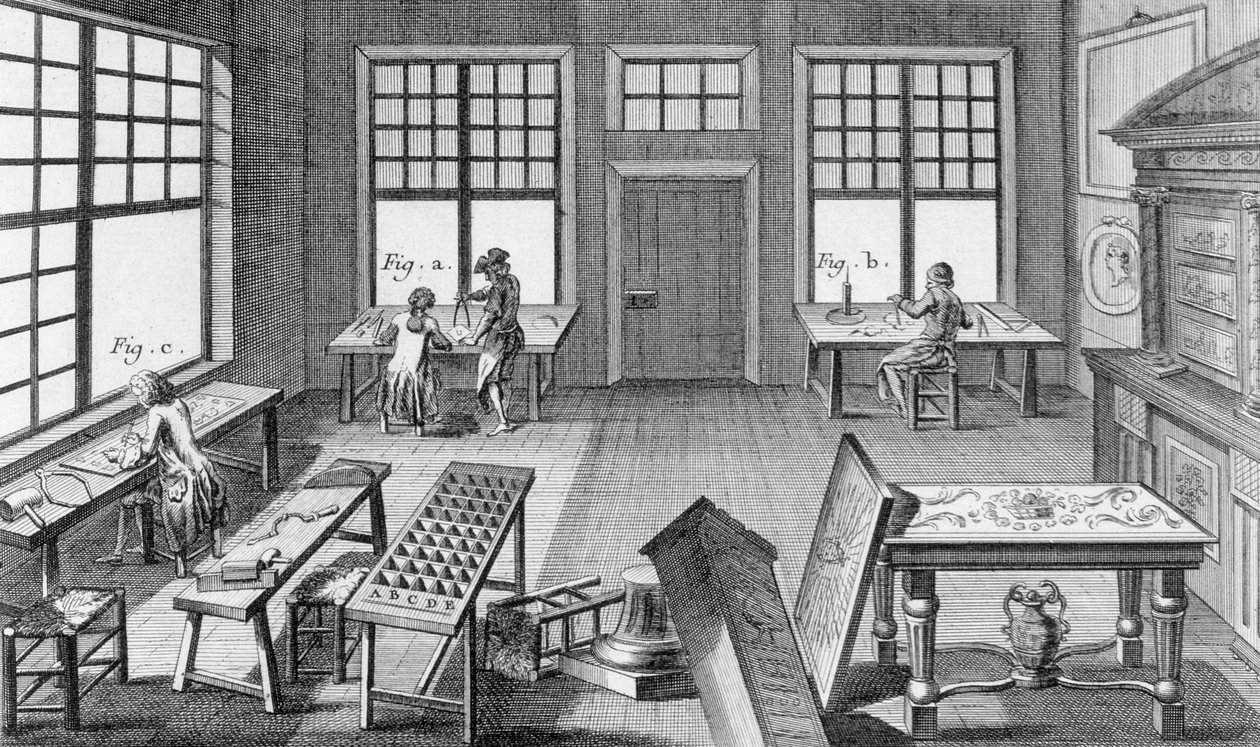 Uma oficina de inlayers para móveis, da Encyclopédie des Sciences et Metiers de Denis Diderot (1713-84), publicada em 1770 de French School