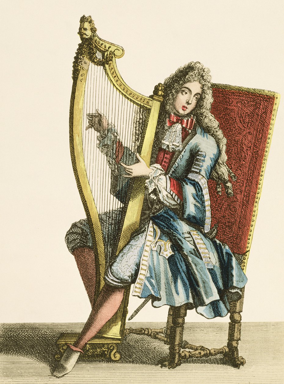 Um cavalheiro tocando harpa de French School