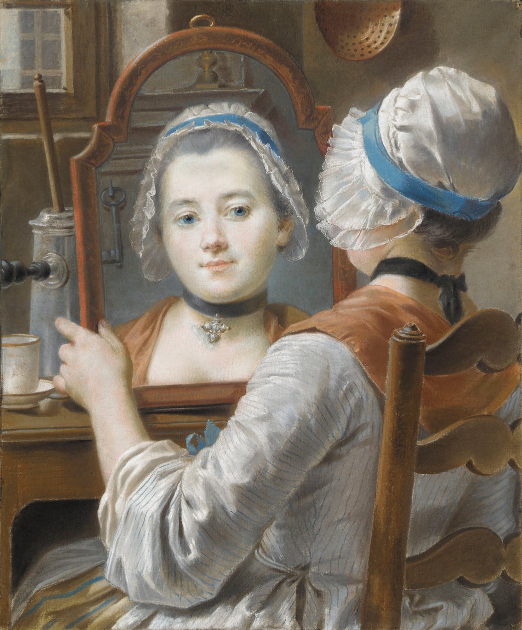 Uma garota usando um gorro, olhando-se em um espelho com um chocolatière e um copo na mesa, c.1750 de French School
