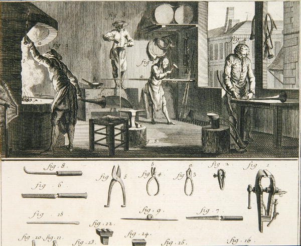Um atelier e ferramentas de trompa, da 