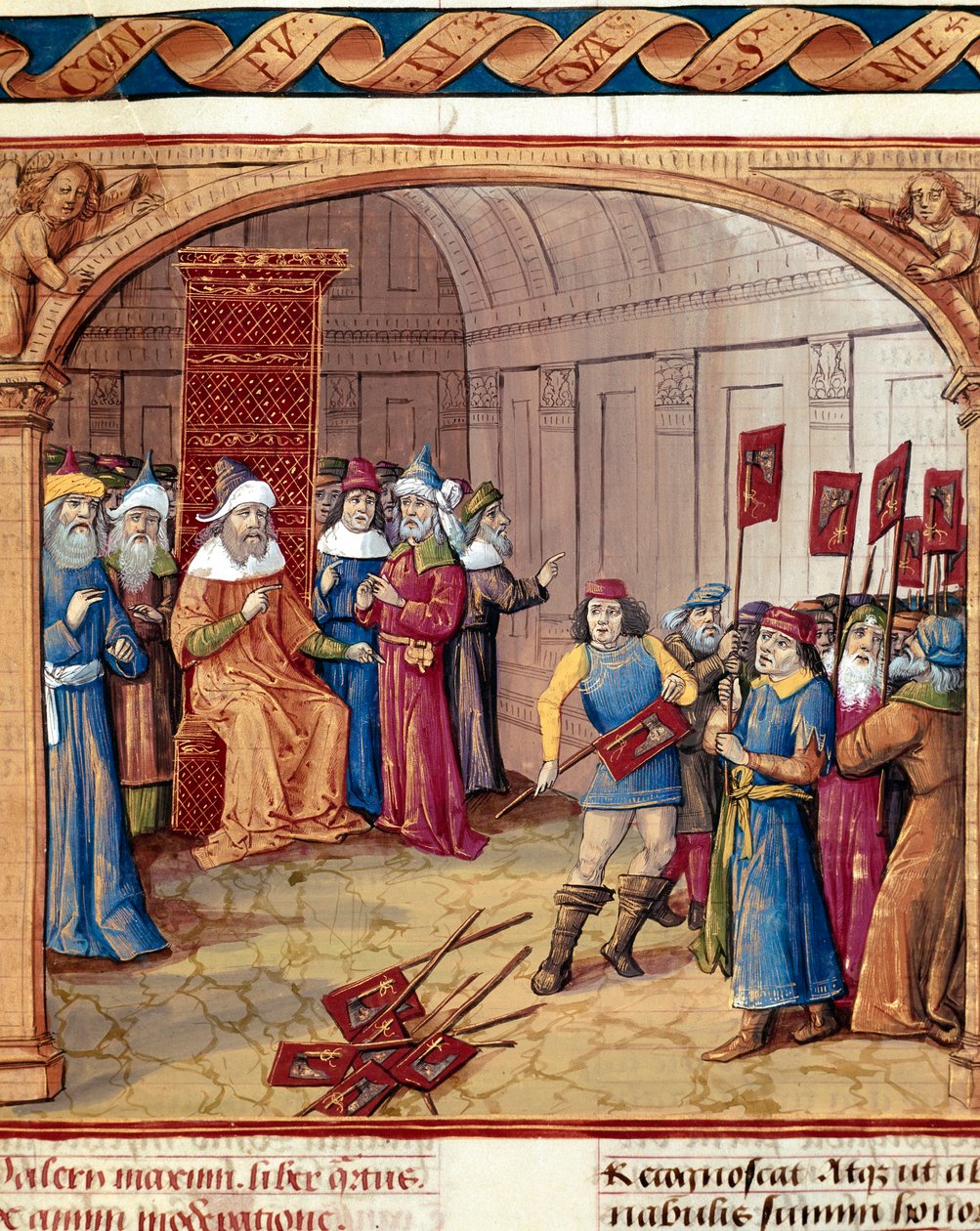 Um rei recebe banners e miniaturas de "Dicta et facta memorabilia" de Valere Maxime (Valerius Maximus) (século I AC) 1410 Chantilly, Musee Conde de French School