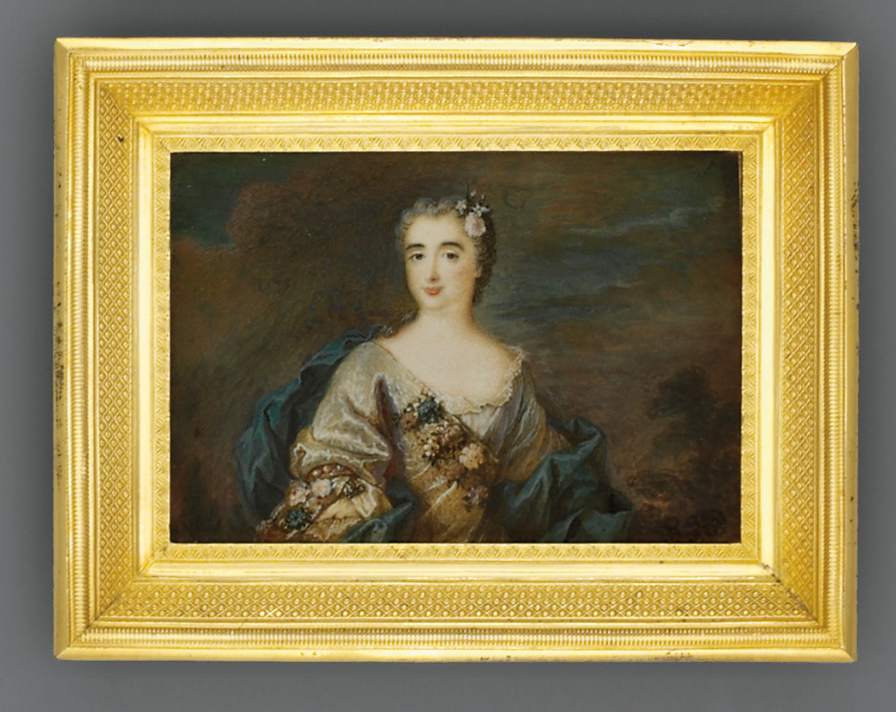 Uma senhora chamada Louise-Jeanne de Durfot, duquesa de Mazarin et de la Meilleraye, c.1750 (aquarela sobre marfim) de French School