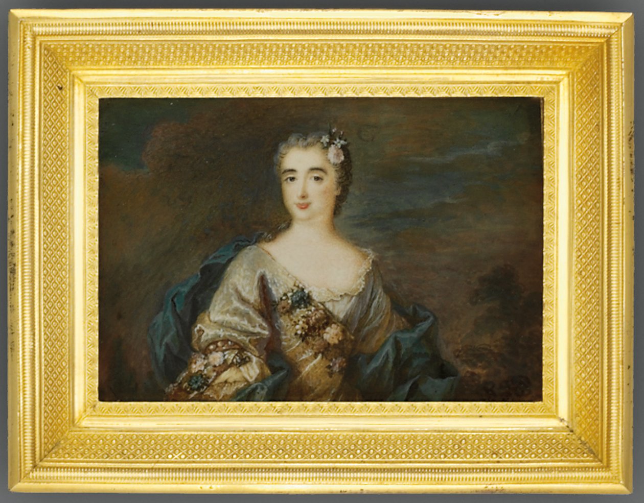 Uma senhora chamada Louise-Jeanne de Durfot, duquesa de Mazarin et de la Meilleraye, c.1750 (aquarela sobre marfim) (ver também 1630586) de French School