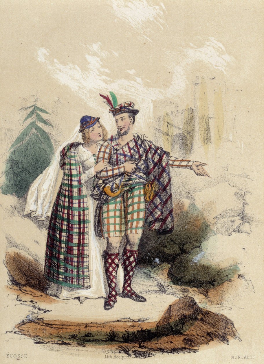 Um homem carregando um kilt e seu companheiro em frente a um castelo; ilustração para a Escócia, - em "As doze Nações" por M.E. Fouinet de French School