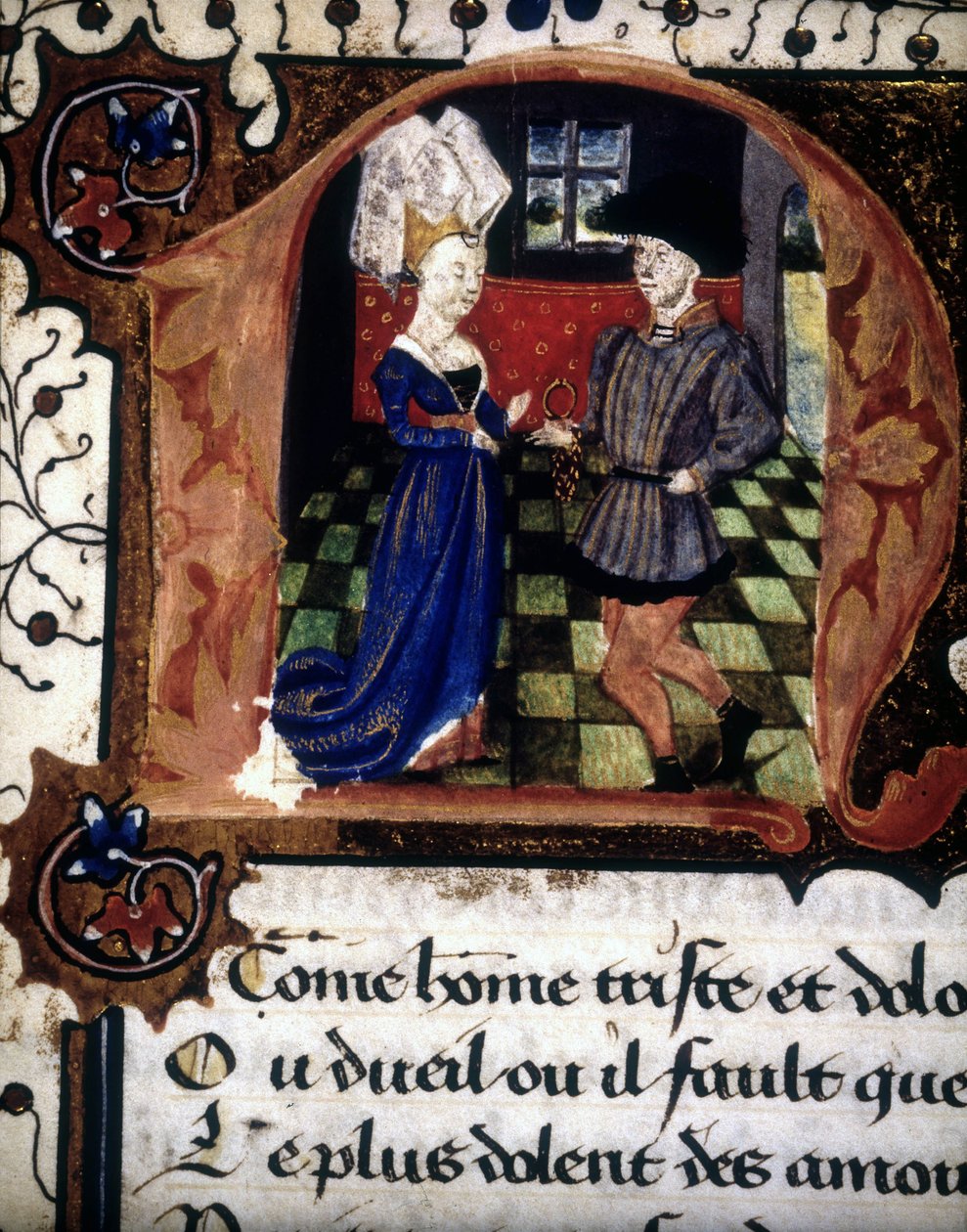 Um homem oferece um anel a uma senhora (lettrina "n"). de French School