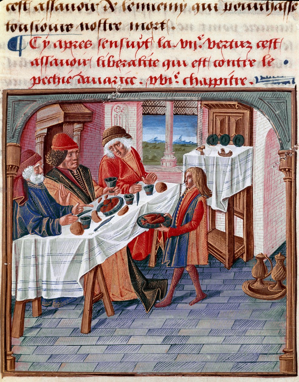 Um homem partilha a sua mesa com um pobre necessitado Miniatura tirada de "Le livre de bonnes moreurs de Jacques Legrand" 1490 Chantilly, Musee Conde de French School