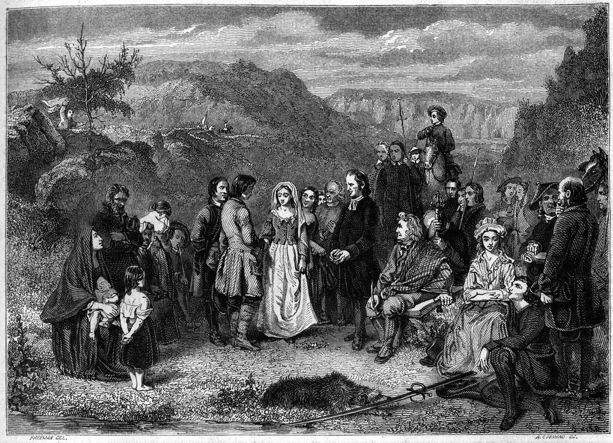 Um casamento de puritanos (presbiterianos) na Escócia. Gravura de Freeman em "Le Magasin pitoresco". de French School