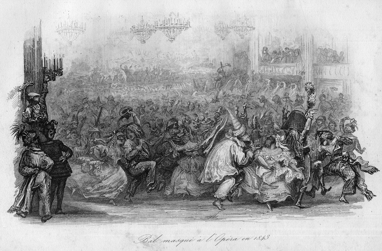 Um baile de máscaras na Ópera de Paris, em 1843. ("Le carnival" canção par Marc-Antoine Madeleine Desaugiers) em "- CHANS et CHANS POPULES DE LA FRANCE - 1843 - H.- L. DELLOYE, editora, LIBRAIRIE DE GARNIER. de French School