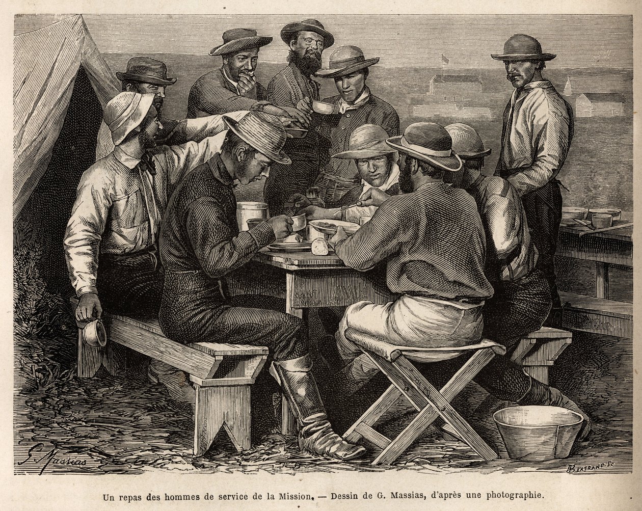 Uma refeição dos homens de serviço da missão de 1872, no acampamento, antes do primeiro reconhecimento de campo, gravada após o desenho de G. Massias, ilustrando um conjunto de missões geográficas através do Parque Nacional dos Estados Unidos, de 1870 a 18 de French School