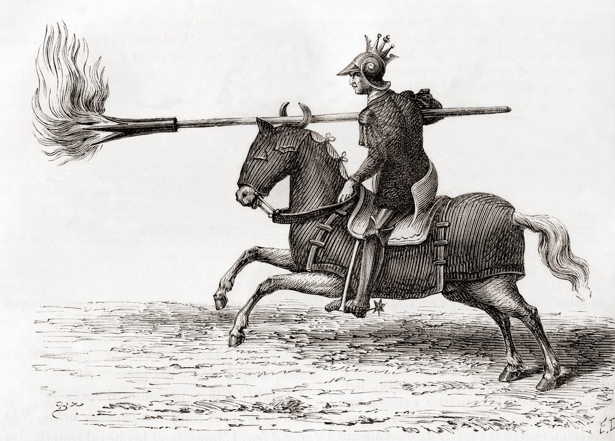 Um cavaleiro medieval com uma lança de fogo, ou lança de fogo, uma das primeiras armas de pólvora do mundo, de Les Merveilles de la Science, publicado c.1870 (gravura) de French School