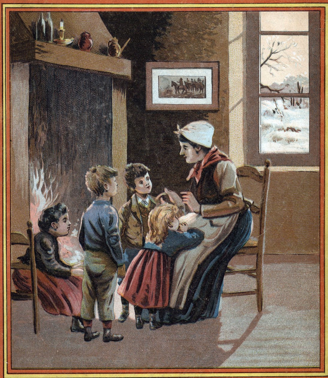 Uma mãe conta histórias aos seus filhos junto ao fogo. Capa do livro "Les contos du foyer pour les petits". Gravura anónima do século XIX. de French School