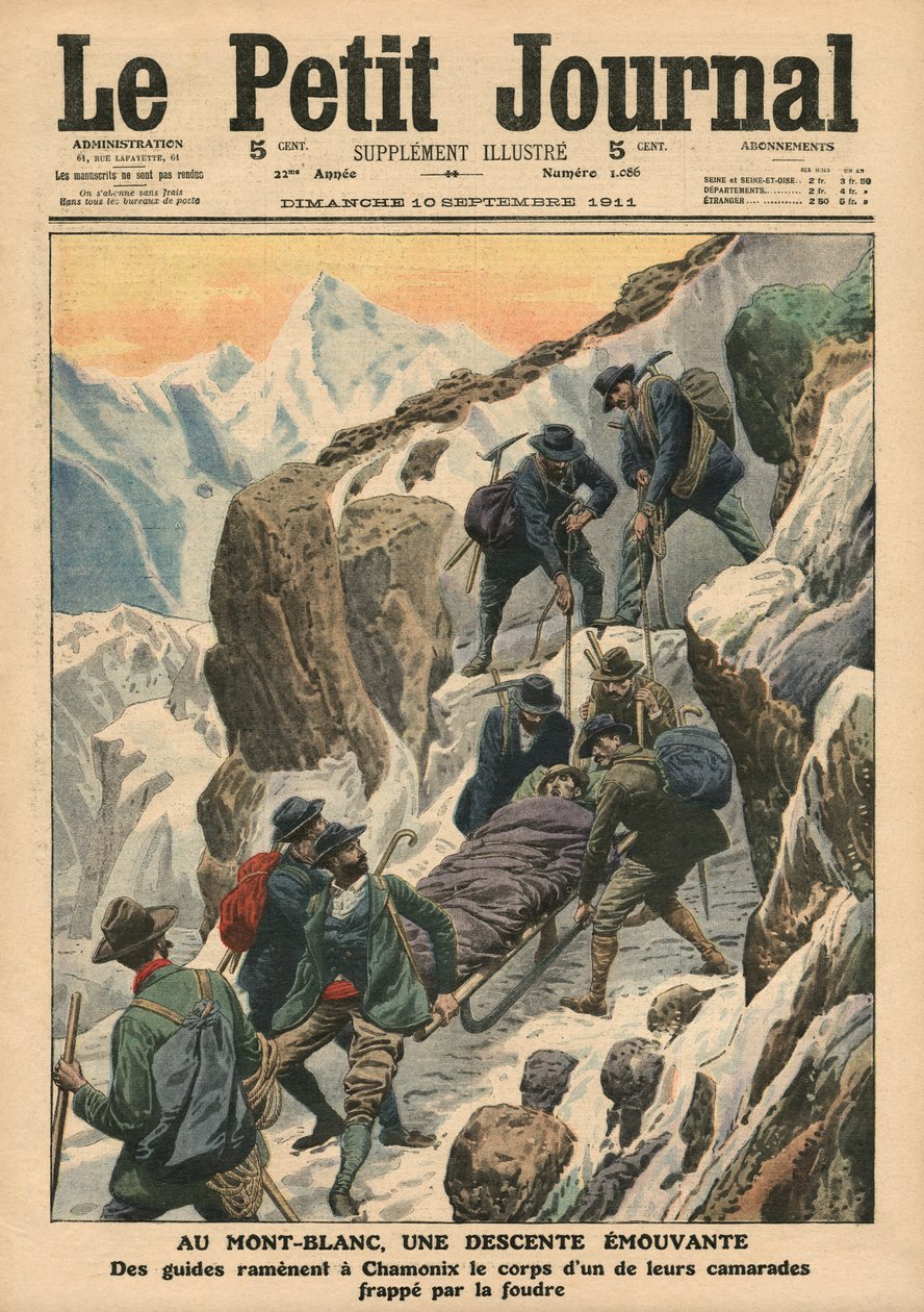 Uma descida em movimento ao longo do Mont Blanc, ilustração do &39;Le Petit Journal&39;, suplemento ilustrado, 10 de setembro de 1911 (cor lito) de French School