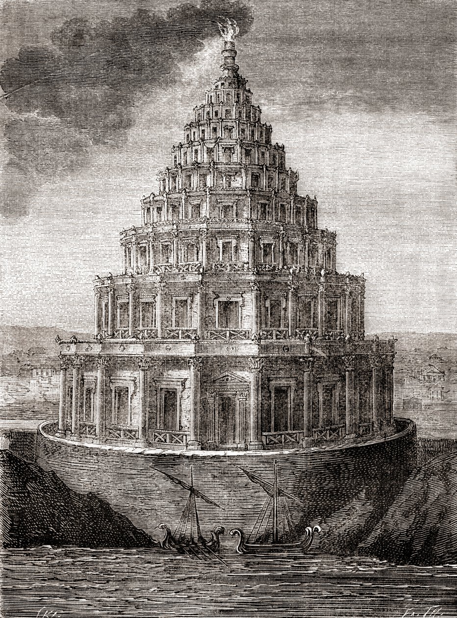 Uma representação imaginária do século XIX do Farol de Alexandria, também conhecido como Pharos de Alexandria, um farol construído pelo Reino Ptolemaico entre 280 e 247 a.C., de "Les Merveilles de la Science", publicado c.1870 (gravura) de French School