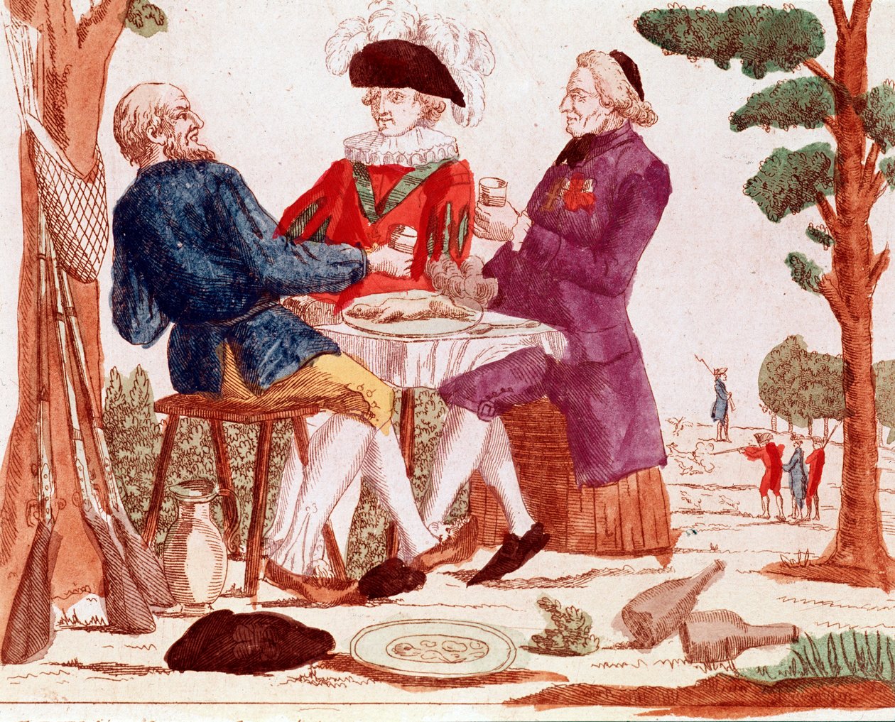 Um camponês (tiers etat), um clérigo e um aristocrata comem um coelho juntos à mesa, no fundo à direita uma cena de caça, à esquerda, três armas, agosto de 1789 (gravura, fim do século XVIII) de French School