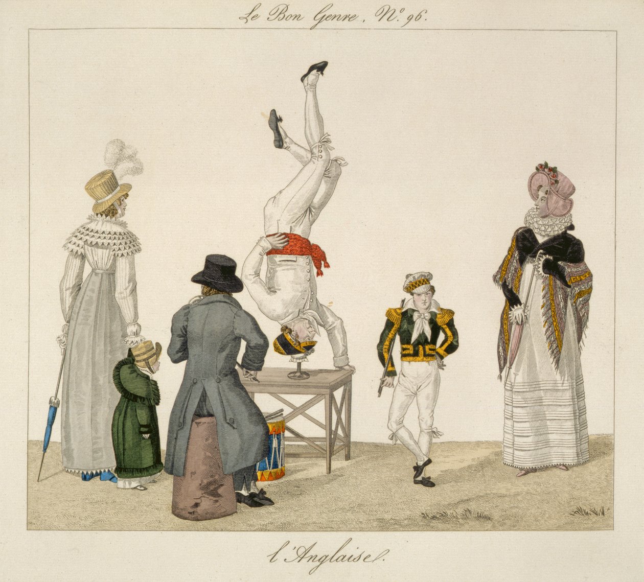 Um, artista, ficar, ligado, seu, cabeça, equilibrar, ligado, um, vidro, prato, 96, de, le, bon genre, c.1810, (color, engraving) de French School
