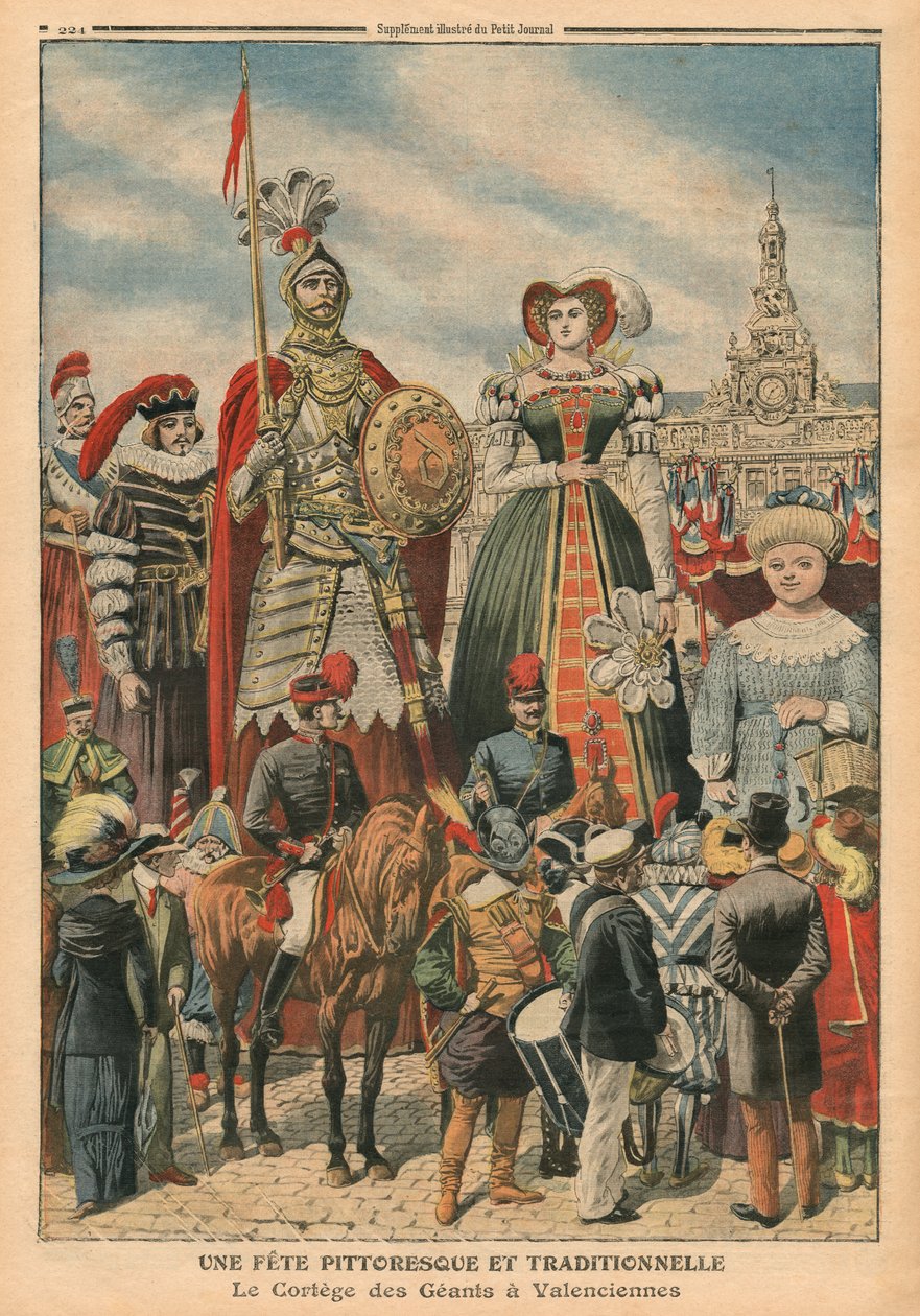 Uma festa pitoresca e tradicional, a procissão dos gigantes em Valenciennes, ilustração de &39;Le Petit Journal&39;, suplemento ilustre, 10 de julho de 1910 (colout litho) de French School