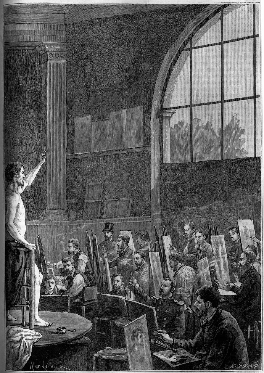Uma sessão de pose em uma oficina de artistas em Paris. Gravura na ilustre revista "La jeunesse". de French School