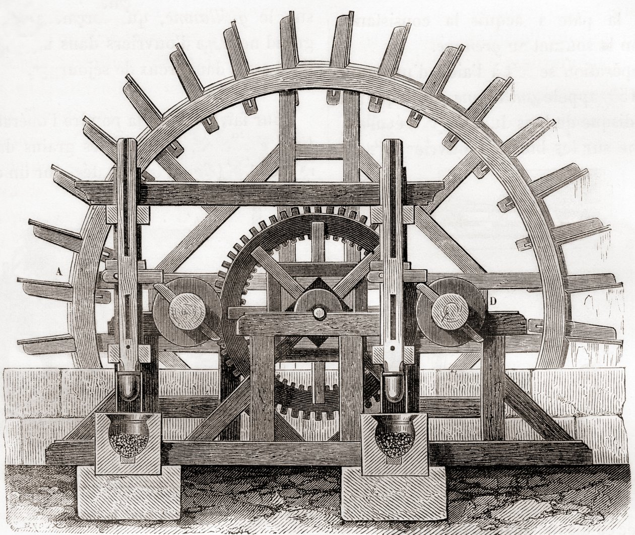 Um moinho de pó e sua roda de água, depois de um desenho do século XIX, de Les Merveilles de la Science, publicado c.1870 (gravura) de French School