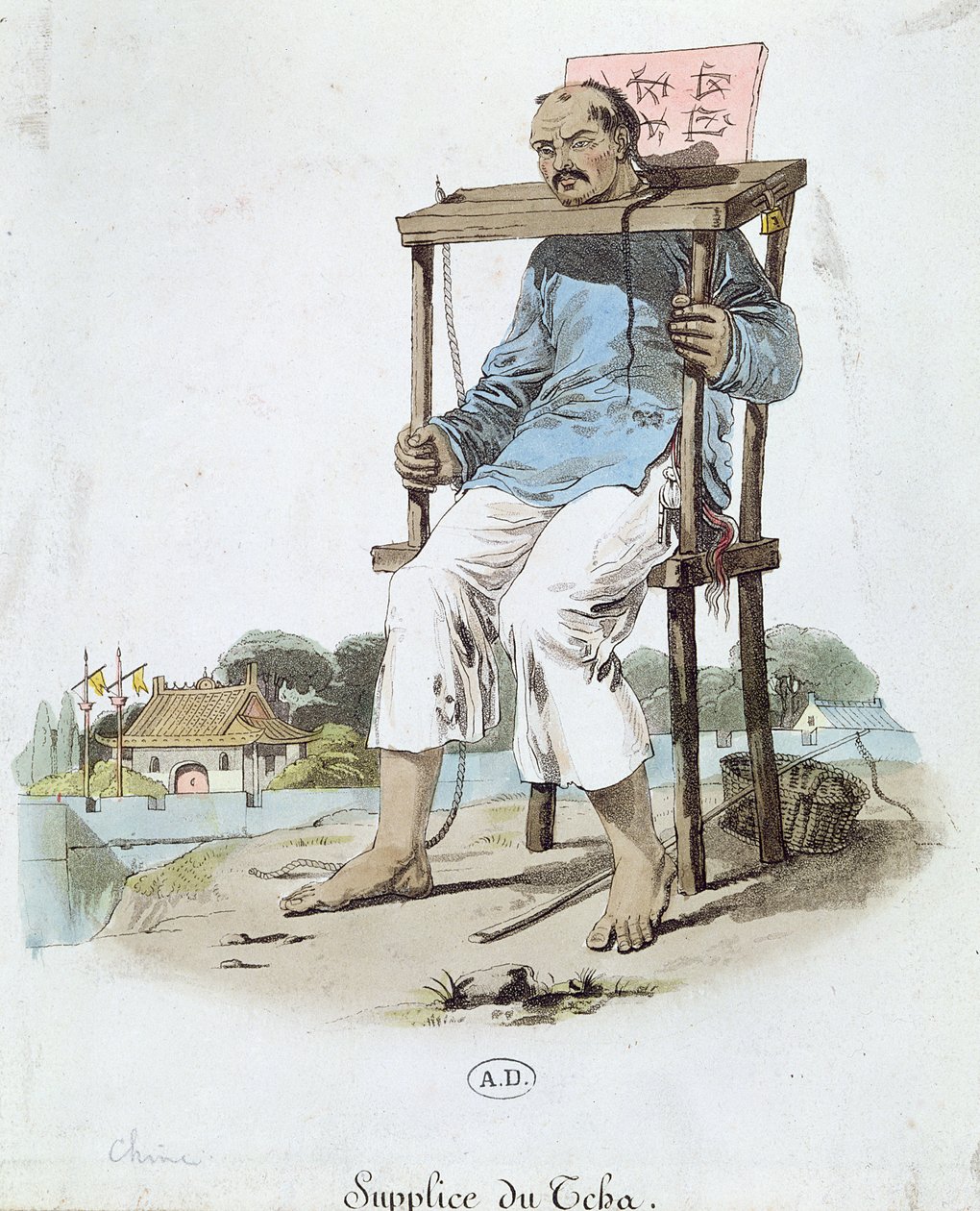Um prisioneiro no Cangue na China, c.1800 (gravura colorida) de French School