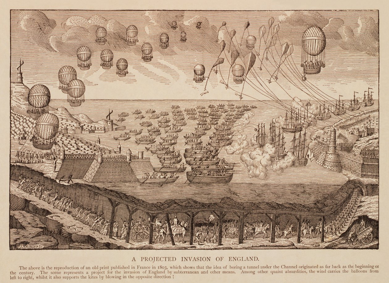 Invasão projetada da Inglaterra, reprodução da gravura francesa de 1803 de French School