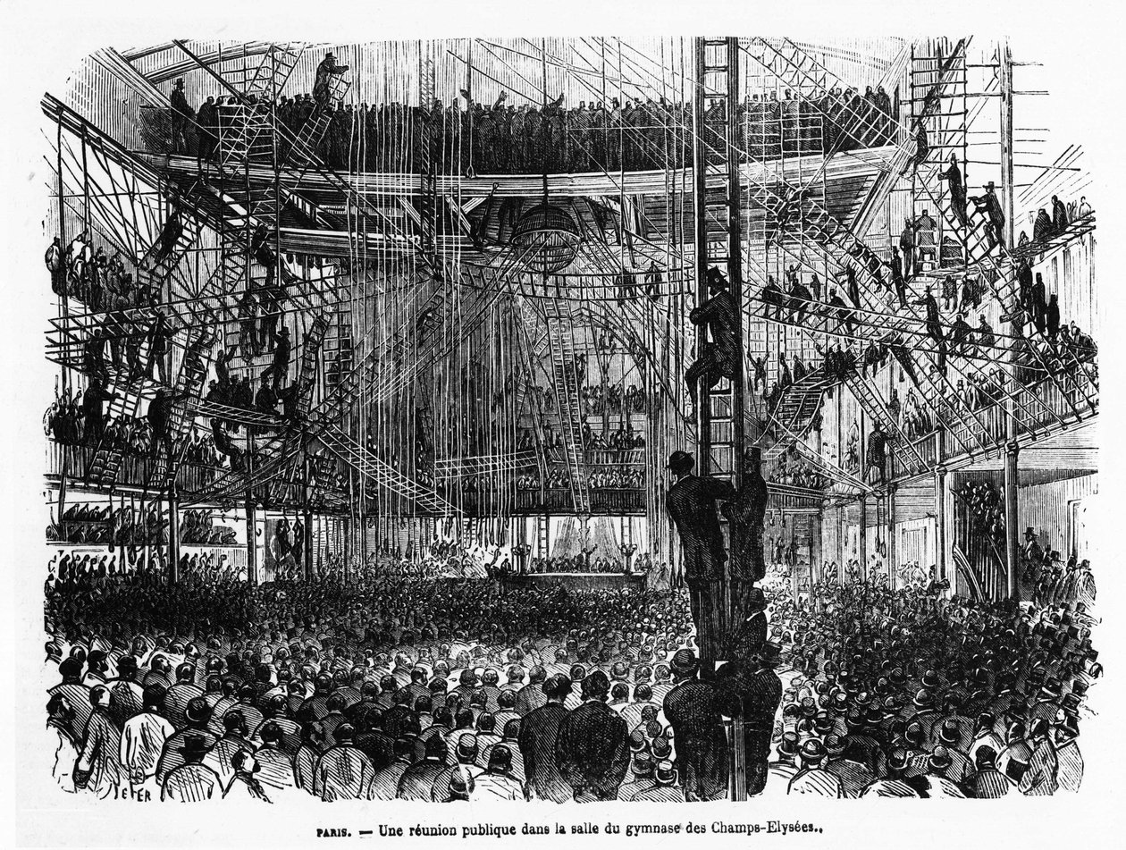 Um encontro público no ginásio dos Campos Elísios em Paris - em "La Presse illustrée" n¡104, 30/10/1869, col. Selva. de French School