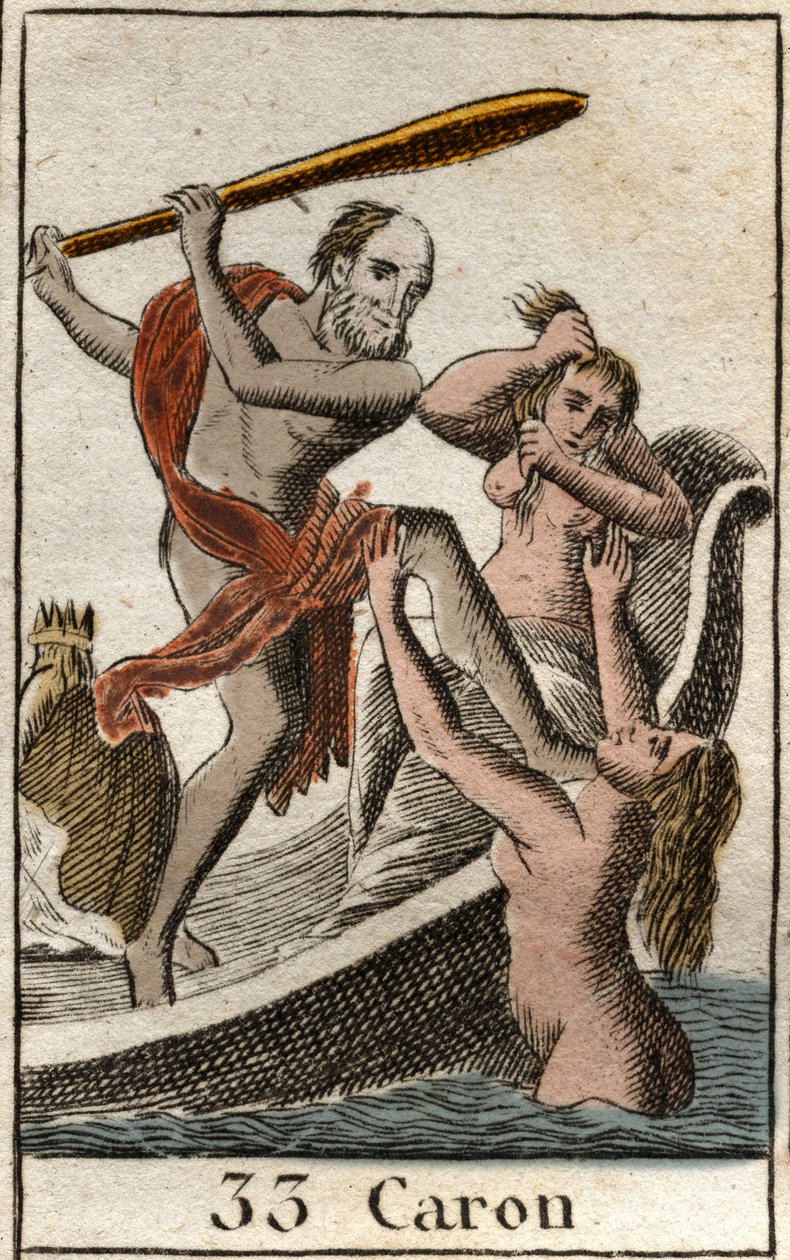 Uma representação de Charon (ou Caron), caminhando do Submundo, permite ao falecido atravessar o rio Acheron (ou Styx). (Charon (ou Kharon) é o barqueiro do inferno, ele carrega as almas em seu barco para atravessar o rio Acheron (ou Styx)). Do "Meu de French School