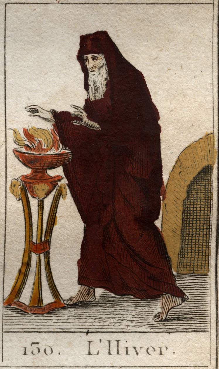 Uma representação da estação do Inverno como um velho a aquecer-se a si próprio por um incêndio. (O inverno representado como um homem velho tentando se aquecer por um fogo). Da "Mitologia da Juventude" de Pierre Blanchard 1803. de French School