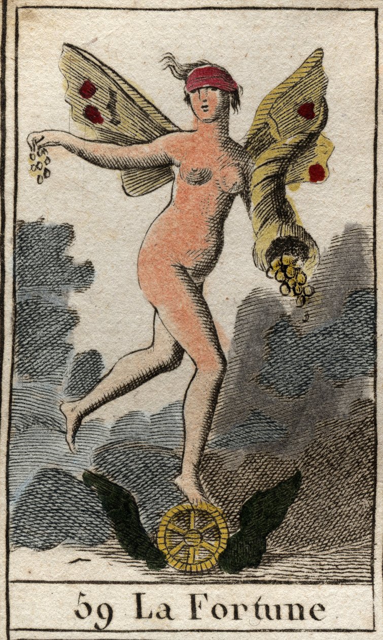 Uma representação da deusa do acaso Fortuna (Fortuna), ela decide o bem e o mal dos seres humanos, segura um chifre de abundância e fica em cima de uma roda. (Representação da Fortuna, deusa da sorte, ela decide sobre o que acontece com os seres humanos, e de French School