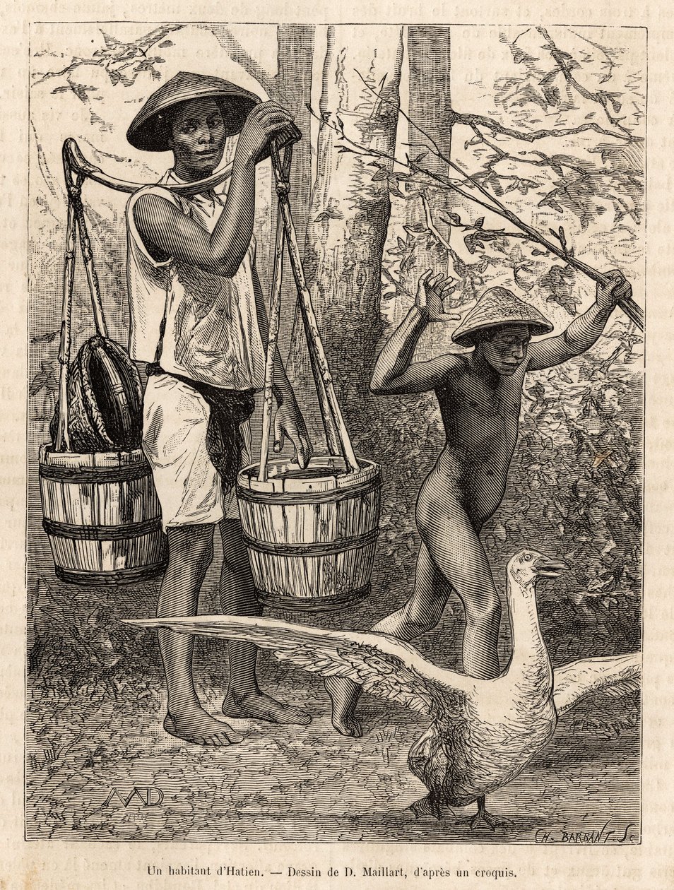 Um residente de Hatien (Vietnã) carregando baldes e cesta e uma criança caçando um ganso com um pau, gravando após um desenho de Robin ilustrando a viagem a Cochinchine, pelo Dr. Morice, em 1872, publicado em "Le tour du monde" 1875, editado por E de French School